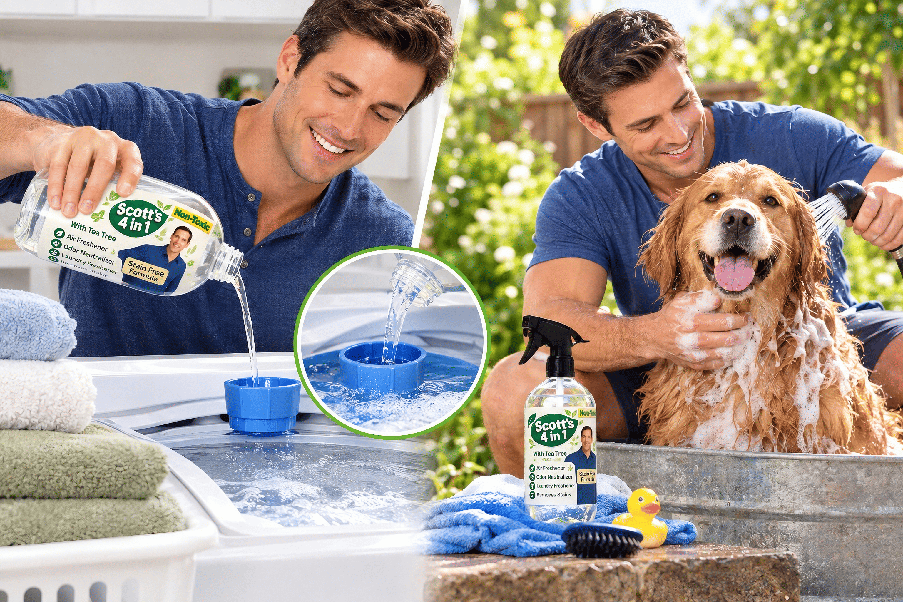 A pet owner washing their dog with Scott's 4 in 1